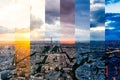 Panoramic aerial view of Paris city skyline and Eiffel Tower during the sunset. Time slice photography from afternoon to night. Royalty Free Stock Photo