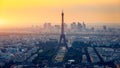Panoramic aerial view of Paris, Eiffel Tower and La Defense business district. Aerial view of Paris at sunset. Panoramic view of Royalty Free Stock Photo