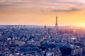 Panoramic aerial view of Paris, Eiffel Tower and La Defense business district. Aerial view of Paris at sunset. Panoramic view of Royalty Free Stock Photo