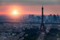 Panoramic aerial view of Paris, Eiffel Tower and La Defense business district. Aerial view of Paris at sunset. Panoramic view of Royalty Free Stock Photo