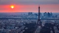 Panoramic aerial view of Paris, Eiffel Tower and La Defense business district. Aerial view of Paris at sunset. Panoramic view of Royalty Free Stock Photo