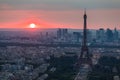 Panoramic aerial view of Paris, Eiffel Tower and La Defense business district. Aerial view of Paris at sunset. Panoramic view of Royalty Free Stock Photo