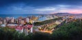 Panoramic aerial view with Plaza de Toros, Port of Malaga, City Hall and Cathedral at sunset - Malaga, Andalusia, Spain Royalty Free Stock Photo