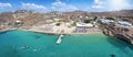 Panoramic aerial view of the popular Super Paradise Beach at Mykonos island