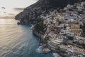 Panoramic aerial view of Positano, a beautiful town along the Amalfi coast at sunset, Salerno, Italy Royalty Free Stock Photo