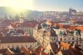 Panoramic Aerial view of Prague city with red rooftops Royalty Free Stock Photo