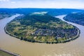 Panoramic aerial view of the Rhine loop or sinuosity near the city of Boppard. Gedeon Neck lookout point. Boppard is the city in t