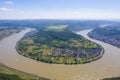 Panoramic aerial view of the Rhine loop or sinuosity near the city of Boppard. Gedeon Neck lookout point. Boppard is the city in t