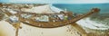 Panoramic aerial view of Santa Monica Pier with tourists at dusk Royalty Free Stock Photo