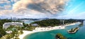 Panoramic aerial view of Siloso Beach and Sentosa Island at sunset, Singapore Royalty Free Stock Photo