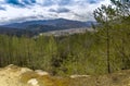 The panoramic aerial view of Skole town in Carpathian mountains, national park Skolivski beskidy, Ukraine Royalty Free Stock Photo