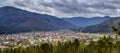 The panoramic aerial view of Skole town in Carpathian mountains, national park Skolivski beskidy, Ukraine Royalty Free Stock Photo