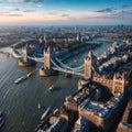 Panoramic aerial view of the skyline of London with the lifted Tower Bridge and a cruise ship passing under made with Royalty Free Stock Photo