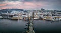 Panoramic aerial view of the snow covered cityscape of Prague