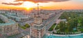 Panoramic aerial view of the spire of a high-rise building on Moskovsky Prospect in the city of Saint-Petersburg, evening sunset Royalty Free Stock Photo