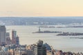 Panoramic and Aerial View Statue of Liberty, Ellis Island, Hudson River in New York City. Royalty Free Stock Photo