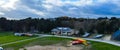 panoramic Aerial view sunrise on beautiful Lake from a drone Royalty Free Stock Photo