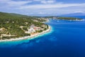Panoramic aerial view to the beautiful Fiskardo village Kefalonia island, Greece. Turquoise sea and beautiful coastline Royalty Free Stock Photo