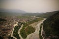 Panoramic aerial view to Berat old town and Osum river from Berat Castle , Albania