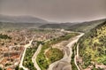 Panoramic aerial view to Berat old town and Osum river from Berat Castle , Albania