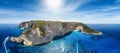 Panoramic aerial view to the famous Shipwreck Beach Navagio on Zakynthos island, Greece Royalty Free Stock Photo
