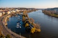 Aerial view to harbor on Vltava river in Prague