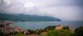 Panoramic aerial view to Ohrid lake and city from Samuels Fortress, North Macedonia