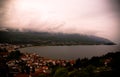 Panoramic aerial view to Ohrid lake and city from Samuels Fortress, North Macedonia