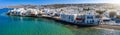 Panoramic, aerial view to the town of Mykonos island, Cyclades, Greece Royalty Free Stock Photo