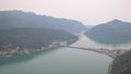 Panoramic aerial view, from the top of San Salvatore mountain, on Lake Lugano and surroundings, Switzerland