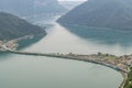 Panoramic aerial view from the top of San Salvatore mountain on Lake Lugano and surroundings, Switzerland Royalty Free Stock Photo