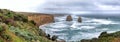 Panoramic aerial view of Twelve Apostles on a cloudy winter sunset Royalty Free Stock Photo