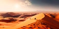 panoramic aerial view of a vast desert landscape, with endless golden sand dunes stretching as far as the eye can see