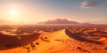 panoramic aerial view of a vast desert landscape, with endless golden sand dunes stretching as far as the eye can see