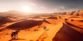 panoramic aerial view of a vast desert landscape, with endless golden sand dunes stretching as far as the eye can see