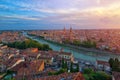 Panoramic aerial view of Verona, Italy at summer sunset, sun len Royalty Free Stock Photo