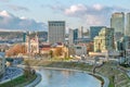 Panoramic aerial view of the Vilnius city with Viliya Neris river, bridge and modern urban skyline Royalty Free Stock Photo