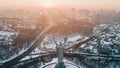 Panoramic aerial view of winter city Kyiv covered in snow. The Motherland Monument