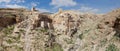 Panoramic aerial wide angle landscape of remote Holy Lavra of Saint Sabbas the Sanctified, known in Arabic as Mar Saba Royalty Free Stock Photo