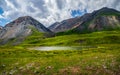 Panoramic alpine landscape with beautiful shallow mountain lake with streams in highland green valley from bigger mountains under Royalty Free Stock Photo