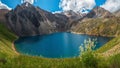 Panoramic alpine landscape with mountain lake in green valley and glacier under blue sky. Atmospheric highland scenery with Royalty Free Stock Photo