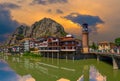 Panoramic Amasya city view in the evening, Turkey. Beautiful river landscape and Amasya city between mountains