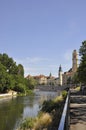 Panoramic Architecture of the bank of River Crisul Repede from Oradea City in Romania. Royalty Free Stock Photo