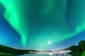 Panoramic Aurora borealis, Northern green lights with full moon and stars in the night sky over mountain lake, mirrored reflection Royalty Free Stock Photo