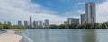 Panoramic Austin downtown skyscraper from boardwalk along Colora