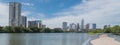 Panoramic Austin downtown skyscraper from boardwalk along Colora