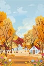 Panoramic of Autumn Countryside landscape in England, Vector illustration of horizontal banner of autumn landscape with farm house