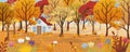 Panoramic of Autumn Countryside landscape in England, Vector illustration of horizontal banner of autumn landscape with farm house