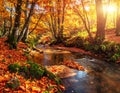 Panoramic Autumn Landscape with Forest Stream Royalty Free Stock Photo