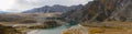 Panoramic autumn view of the Altai Mountains and the confluence of the Chuya and Katun rivers. Chuysky tract, Altai Republic,